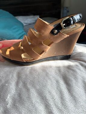 Geox Tan Wedge Sandals with Black Patent Buckle